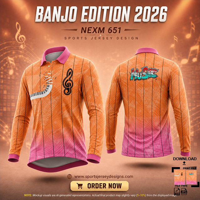 NEXM-651 ORANGE AND PINK PATTERN MUSICAL BANJO GROUP SUBLIMATION JERSEY DESIGN IN ORANGE AND BLACK COLOR